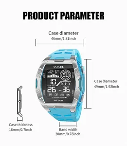 Technical specifications and size guide for SMAEL blue digital sports watch, 5ATM waterproof