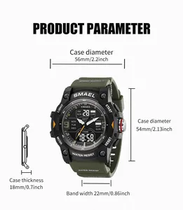 Detailed dimensions of SMAEL waterproof sports watch with 56mm case diameter view