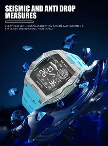 Close-up of SMAEL digital sports watch featuring shockproof alloy case and blue strap