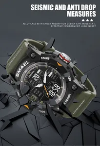 Rugged SMAEL sport watch with shock-resistant alloy case and green strap detail view