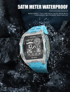 Detail view of SMAEL 5ATM waterproof digital sports watch with blue strap and water splash.