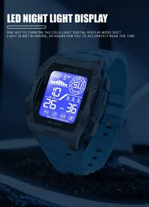 Detail of SMAEL digital watch showing the bright blue LED night light display feature.