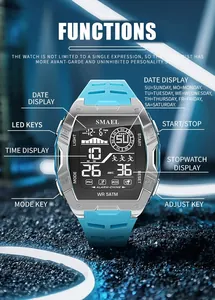 Detailed view of SMAEL digital sports watch functions with 50m water resistance feature