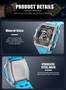 Close-up of SMAEL digital sports watch detailing mineral glass and stainless steel back