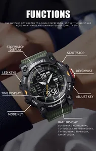 Detailed functional layout of SMAEL digital-analog sports watch with 50m water resistance