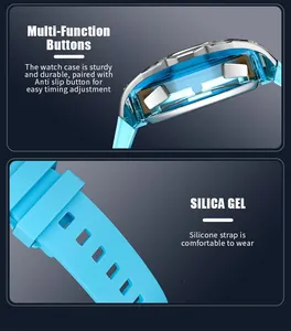 Detail view of durable watch case buttons and comfortable light blue silicone strap