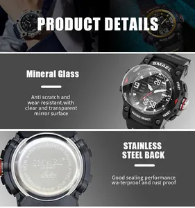 Detailed view of SMAEL sports watch featuring mineral glass and stainless steel back
