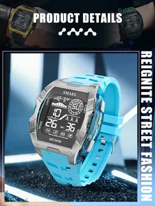 Detailed view of SMAEL digital sports watch with light blue strap and LED display