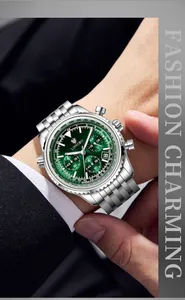 Primo piano professionale dell'orologio da uomo Longbo con quadrante verde e cinturino in acciaio