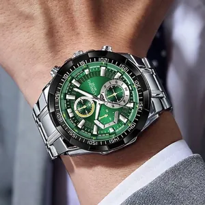 Elegante reloj de negocios para hombre con esfera verde y correa de acero inoxidable 80135