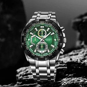 Reloj LONGBO 80135 para hombre en acero inoxidable con esfera de cronógrafo verde elegante