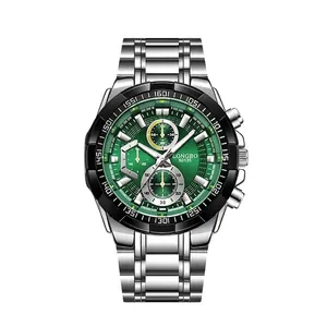 Reloj Longbo 80135 para hombre estilo negocios con esfera verde y correa de acero plateada