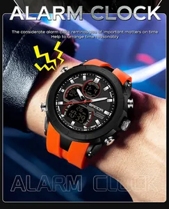 Makroansicht der Sanda Sportuhr mit orangefarbenem Armband und Alarmfunktion Detail