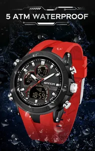 Professionelle Sanda 5ATM wasserdichte Sportuhr mit Dual-Display und rotem Silikonarmband für Herren