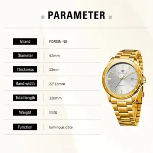 Detailed product parameters and dimensions for the gold FORSINING automatic mechanical watch.