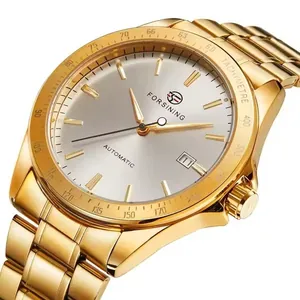 FORSINING minimalist men's automatic mechanical watch with gold steel strap