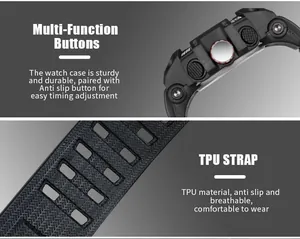 Close-up of sturdy watch case buttons and breathable black TPU strap texture.