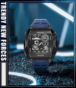 Close-up of SMAEL digital sports watch with 5ATM waterproof and blue strap