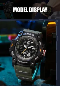 Detail view of SMAEL tactical sports watch with 50m water resistance and dual time