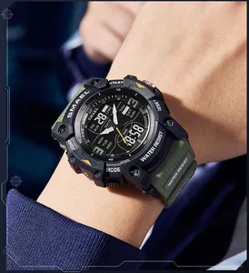 Macro detailed view of SMAEL large dial multifunctional sports watch on a male wrist