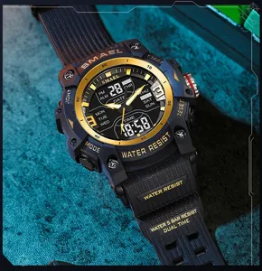 Detailed macro view of SMAEL tactical sports watch featuring dual time and 50M waterproof design.