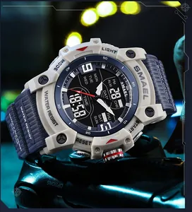 Macro view of SMAEL sports watch dial showing digital and analog display