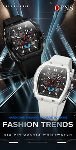 Detailaufnahme der OFNS Sechs-Pin-Quarzuhr mit Silikonarmband in Schwarz und Weiß