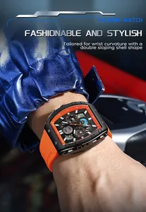 Detailansicht der OFNS Herren-Quarzuhr mit Chronograph und orangefarbenem Silikonband