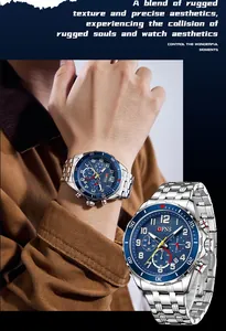 Detaillierte Nahaufnahme der silbernen OFNS Herrenuhr mit blauem Zifferblatt und Chronographen
