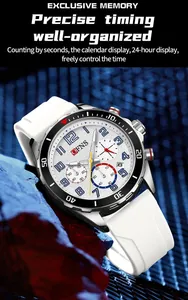 Detail der Sportuhr mit weißem Silikonarmband, Chronographen- und Kalenderfunktion