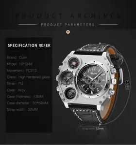 Detail view of Oulm dual time zone military watch with leather strap and specs. (81 chars)