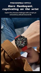 Detailaufnahme der OFNS Herren-Quarzuhr mit rotem Silikonarmband am Handgelenk