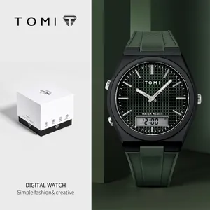 TOMI minimalist men's sports watch featuring an analog-digital dial and green strap