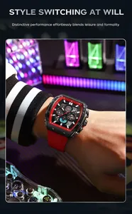Nahaufnahme einer OFNS Herren-Quarzuhr mit einem leuchtend roten Silikonarmband am Handgelenk