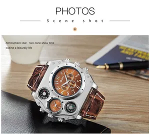 Detailed view of Oulm dual time zone men's quartz watch with a brown leather strap