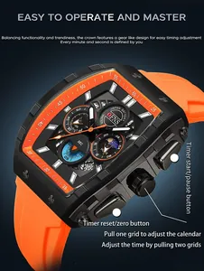 Detailansicht der OFNS Chronographenuhr mit orangefarbenem Silikonarmband und Tasten