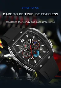 Nahaufnahme des Zifferblatts der OFNS Quarz-Chronographenuhr mit schwarzem Silikonband