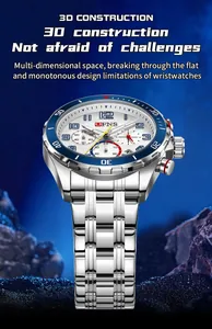 Detailansicht der silbernen Edelstahl-Chronographenuhr mit weißem Zifferblatt.