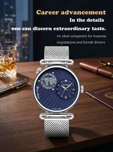 Elegante Herren-Quarzuhr mit zwei Zeitzonen, blauem Zifferblatt und Silberarmband