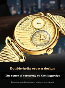 Detailansicht der goldene Quarzuhr mit Doppelzeitzone und Doppelhelix-Kronendesign