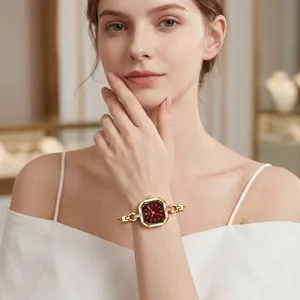 Elegante GEDI Damen Quarzuhr mit achteckigem rotem Zifferblatt und goldenem Webband