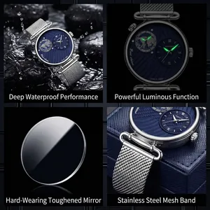 BESTWIN Herren Quarzuhr mit Doppelzeitanzeige, wasserdichtem Mesh-Armband und Leuchtfunktion
