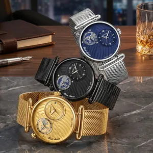 Luxuriöse wasserdichte Herren Quarzuhren mit zwei Zeitzonen und Stahlgeflecht-Armbändern