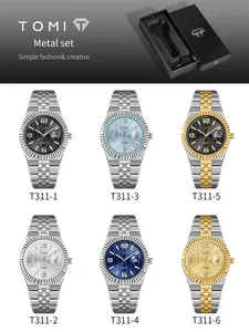 Detaillierter Katalog der TOMI Herren Quarzuhren mit verschiedenen Metallarmbändern.