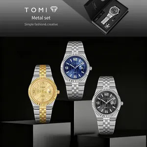 Luxuriöses TOMI Herren-Quarzuhr-Geschenkset mit Metallarmband und einer Brosche