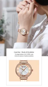 Detalle del reloj CURREN para mujer en oro rosa con bisel de cristales y esfera de nácar