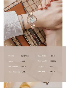 Reloj de cuarzo rosa CURREN 9087 para mujer, especificaciones y vista de uso en la muñeca