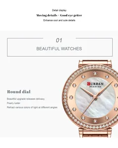 Detalle del reloj Curren de oro rosa con esfera de nácar y marcadores de cristal.