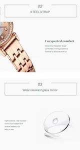 Detalle de reloj mujer CURREN 9087 correa acero oro rosa y cristal resistente