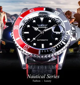 Winner automatic mechanical men's watch with red and black bezel and leather strap